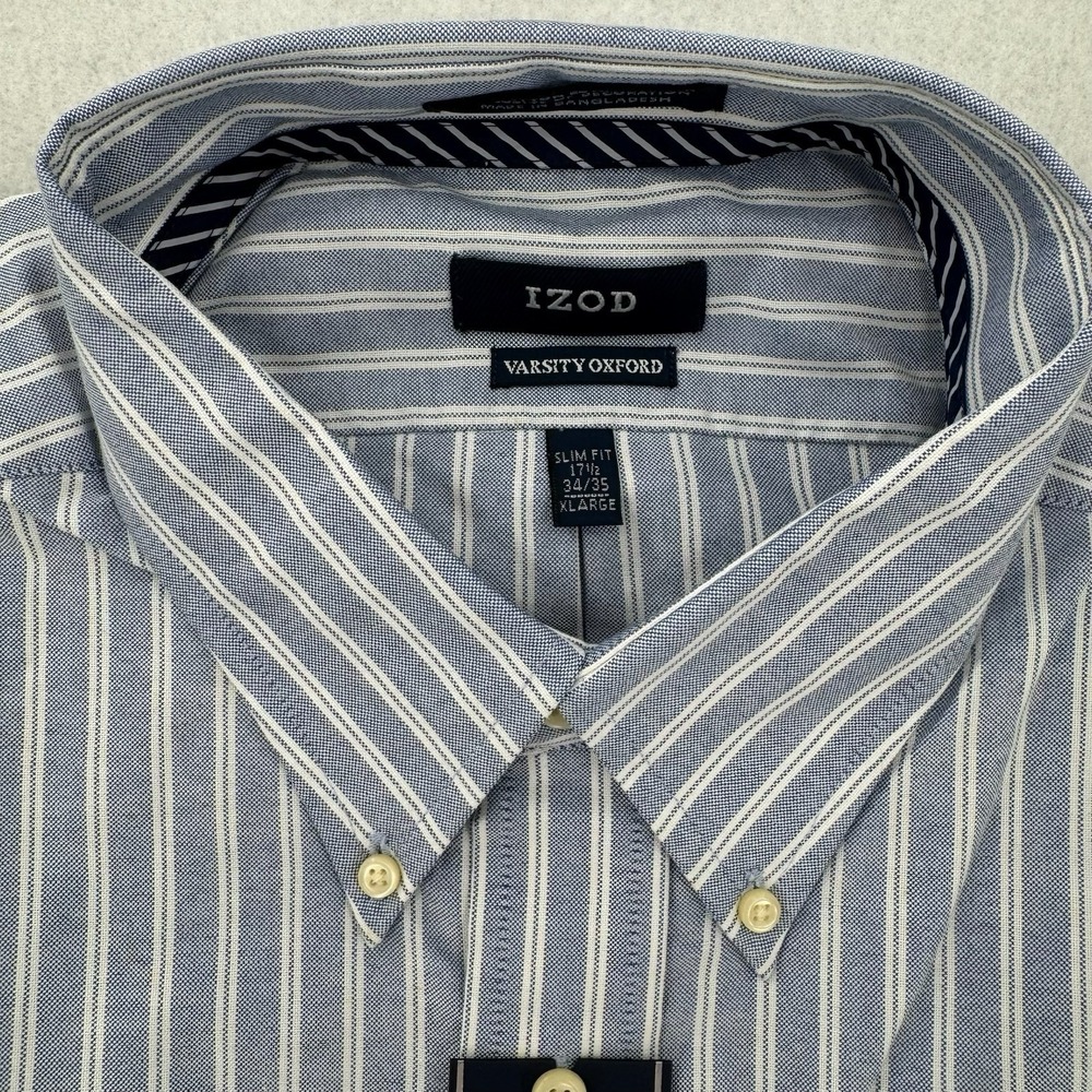 IZOD Varsity Oxford Shirt Mens XL‎ Slim Fit Blue White Stripe LS 17.5 34/35 NWT - Picture 4 of 8